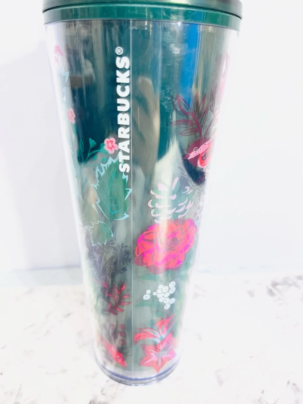 Starbucks Green Lid Cup Topper with Red Flower Straw